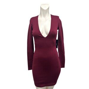 Lulus Mini Dress Knit Deep V Neck Long Sleeve Burgundy